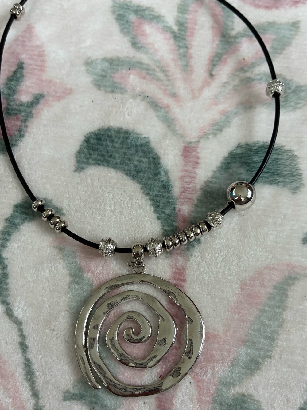 Silver Spiral Pendant Necklace with earrings Black Cord